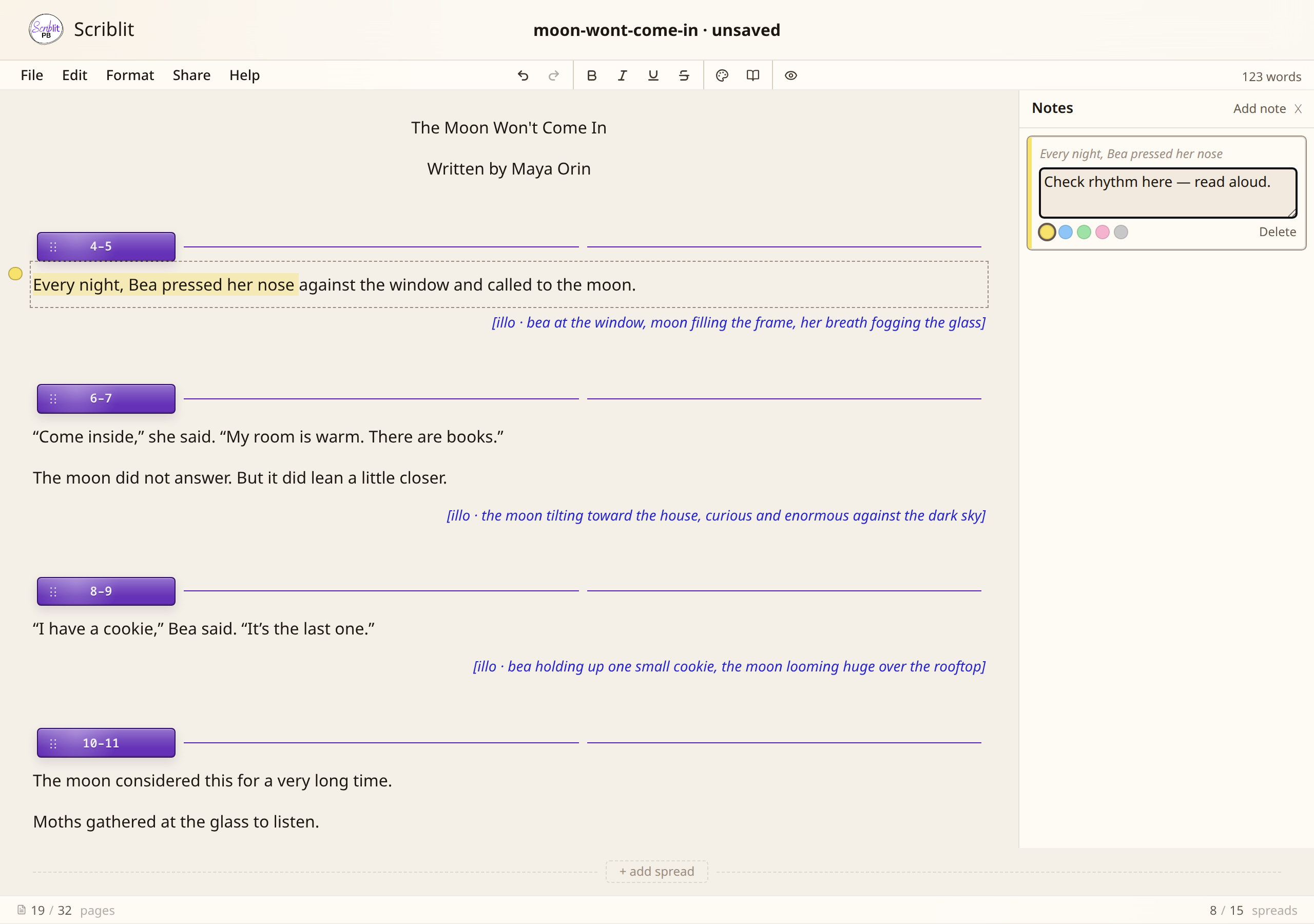 The Scriblit editor with a picture book manuscript open: spread dividers, illustration notes, and the Notes panel