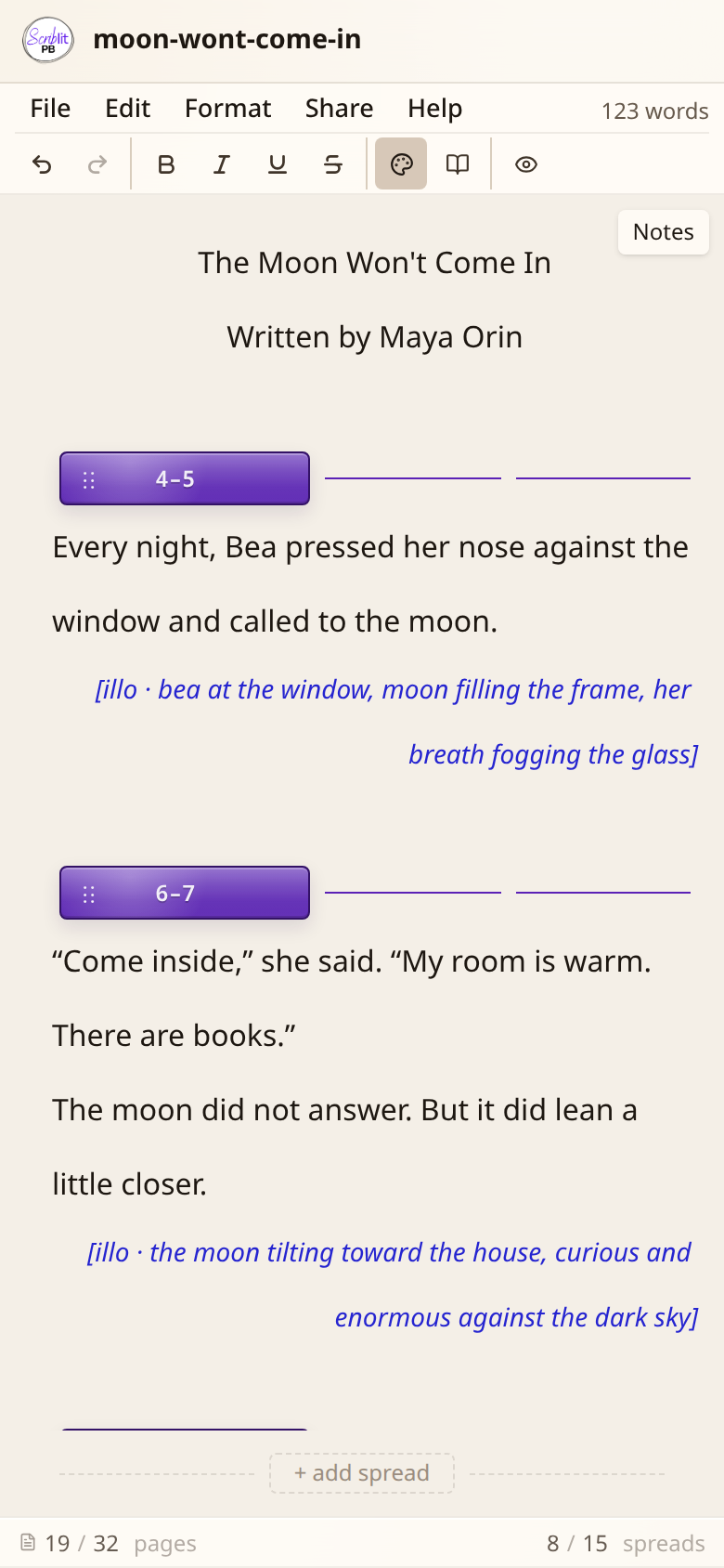 The Scriblit editor on a phone-sized screen with the toolbar and spreads reflowed to fit