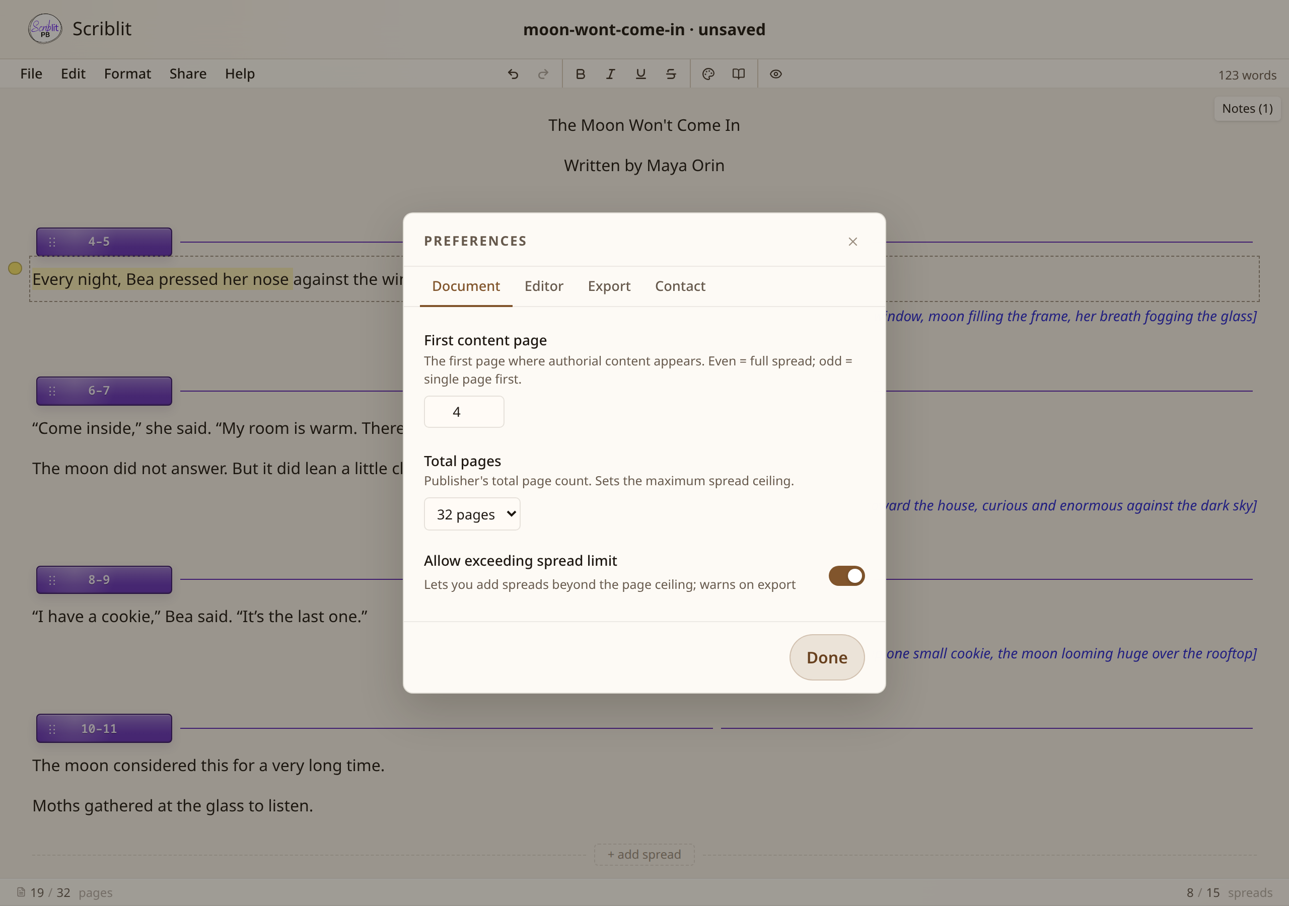 The Preferences dialog showing first content page, total pages, and the spread limit toggle